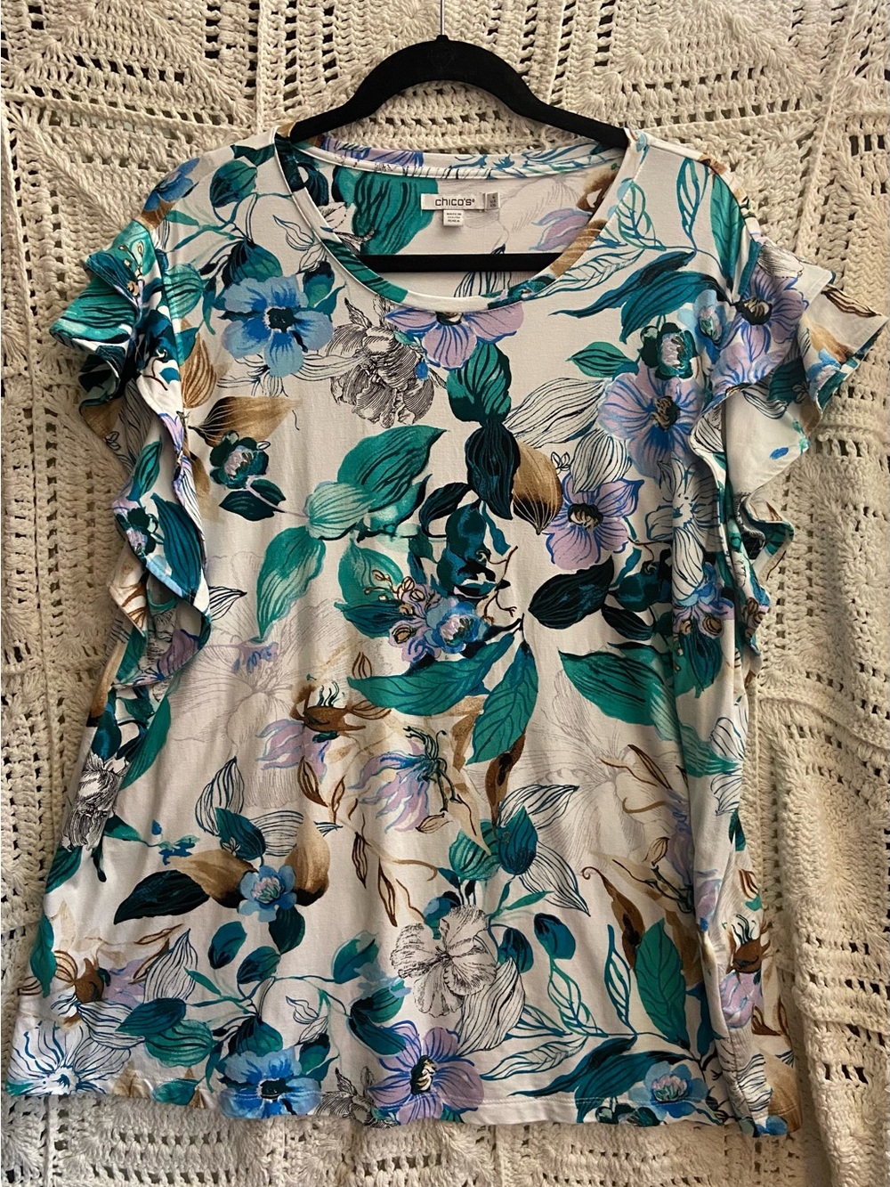 Chico's Teal Floral Ruffle Sleeve Top